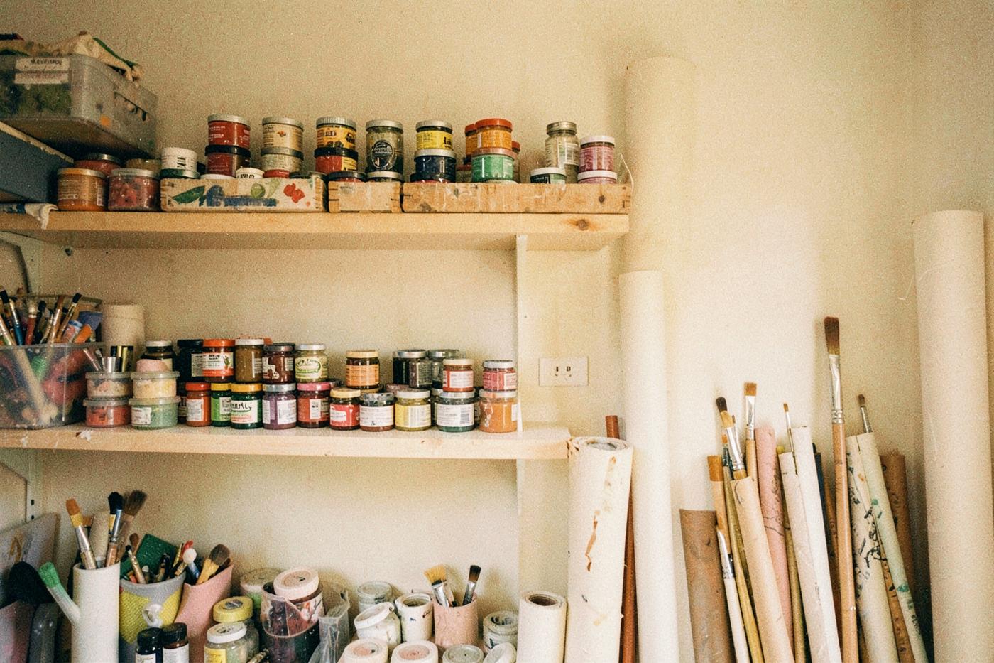 Studio shelves with pigment jars, brushes and rolled canvas