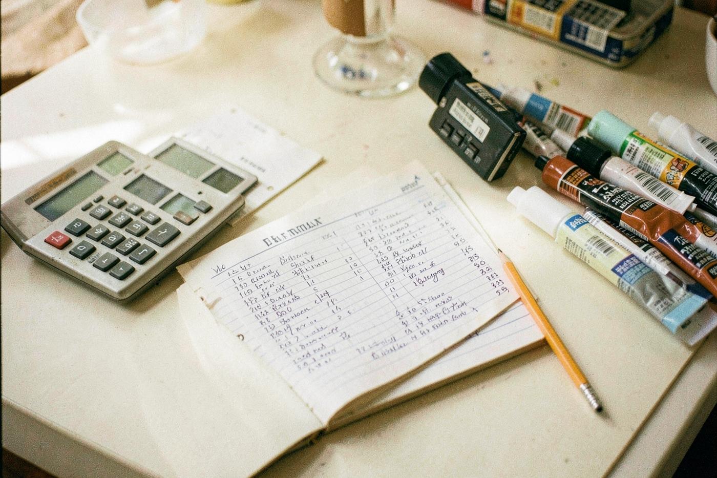 Artist's notebook with handwritten price list, calculator and paint tubes