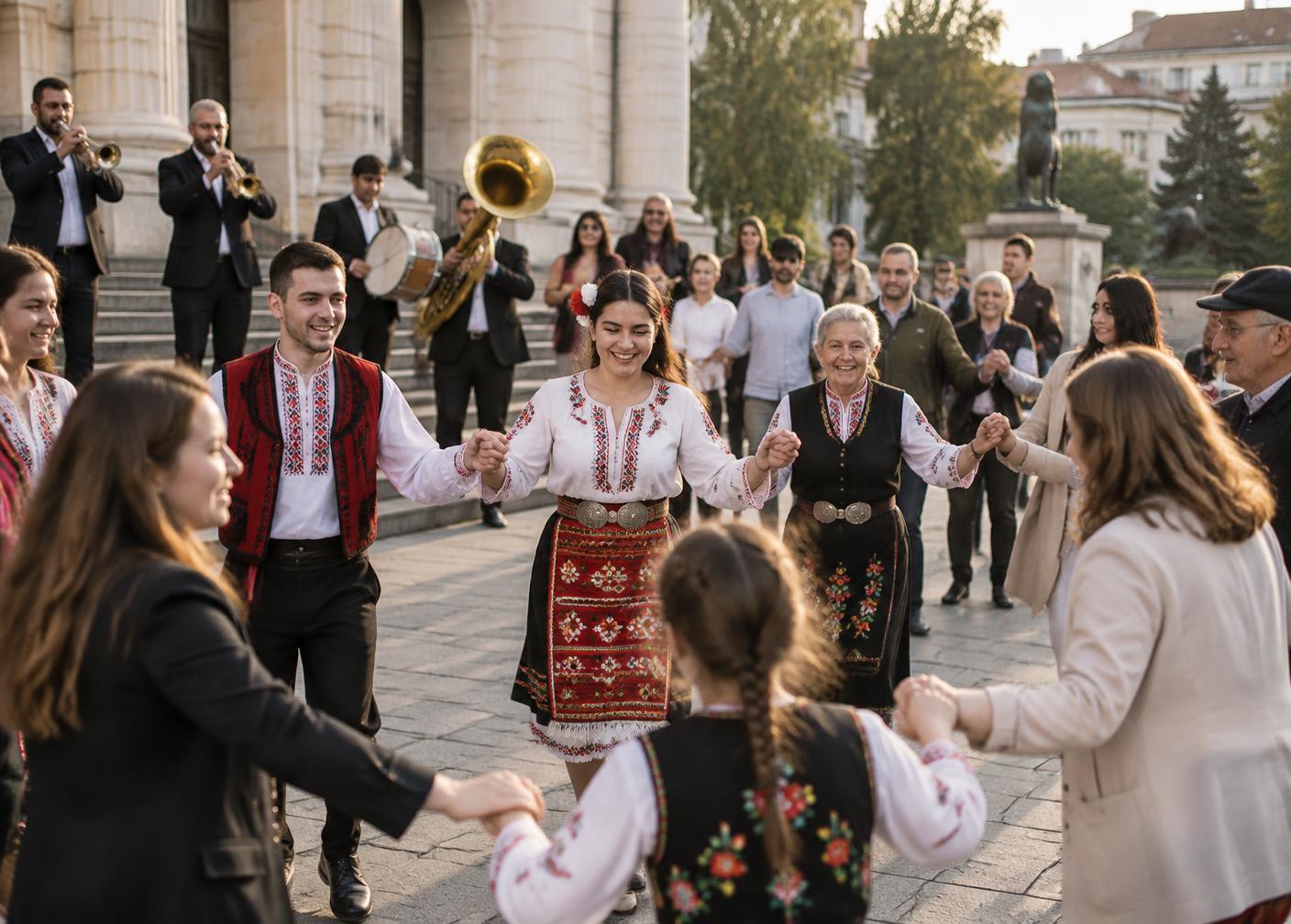 An audience takes part in a Bulgarian folk dance