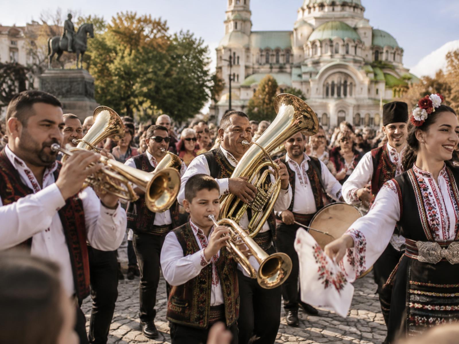 Brass musicians and dancers create a shared celebration in Sofia